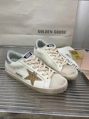 Golden Goose Women's White and Gold Glitter Star Sneakers